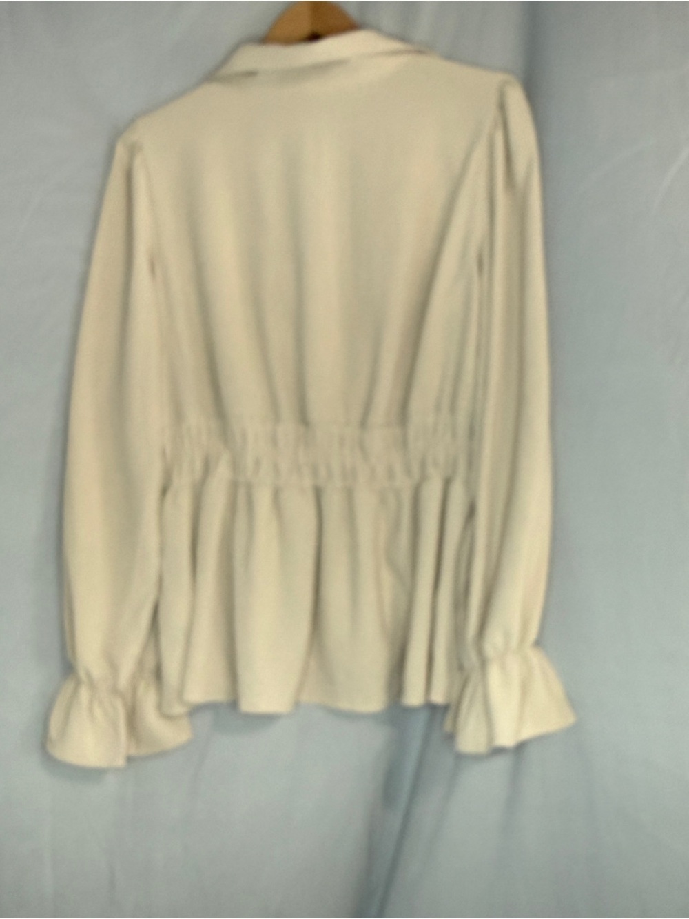 Cream V-Neck Drawstring Waist Blouse with Ruffle Cuffs - Picture 3 of 6